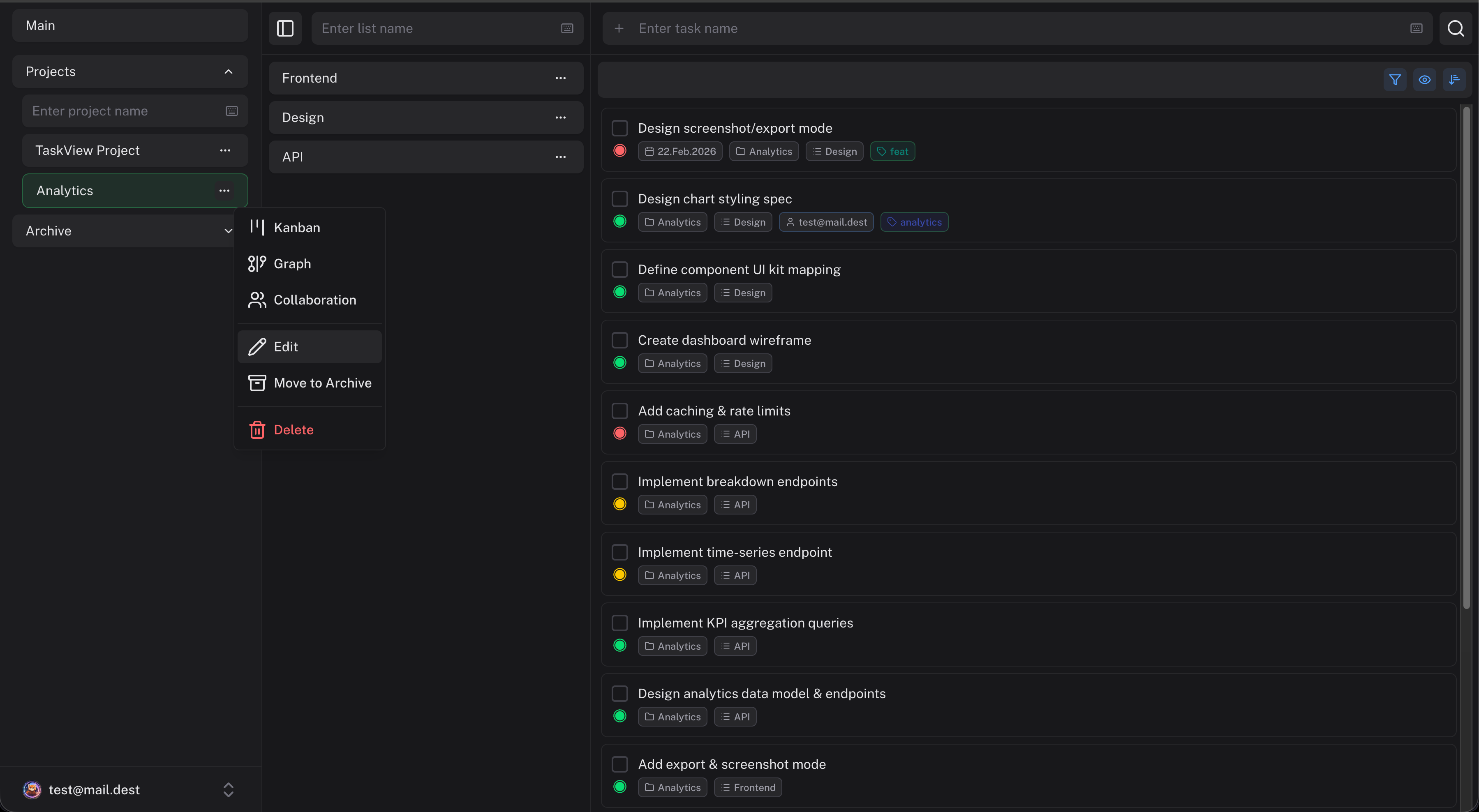 TaskView project context menu with rename, archive, delete, integrations, and collaboration options