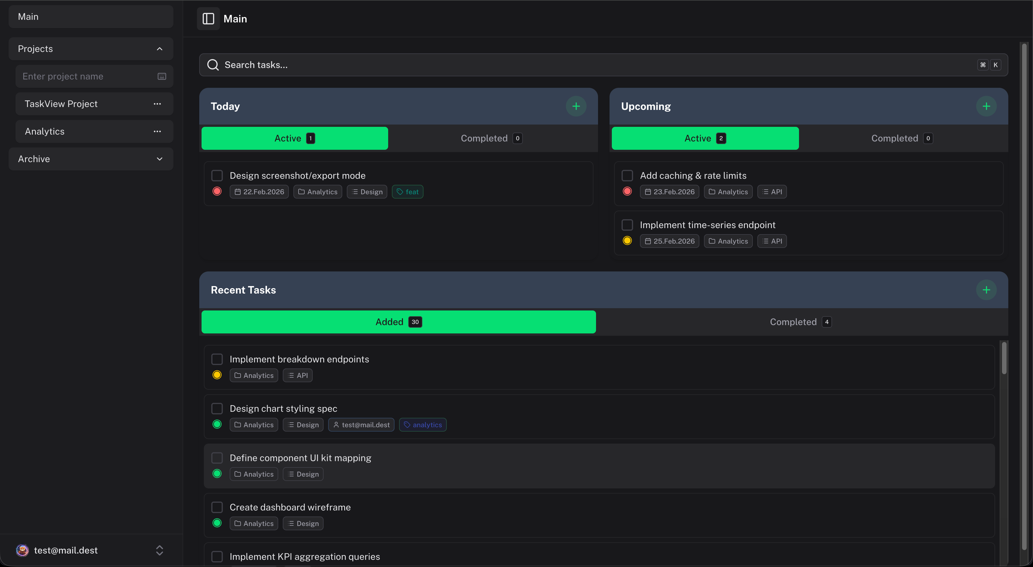 TaskView dashboard showing widgets for today's tasks, upcoming deadlines, recent activity, and completed work