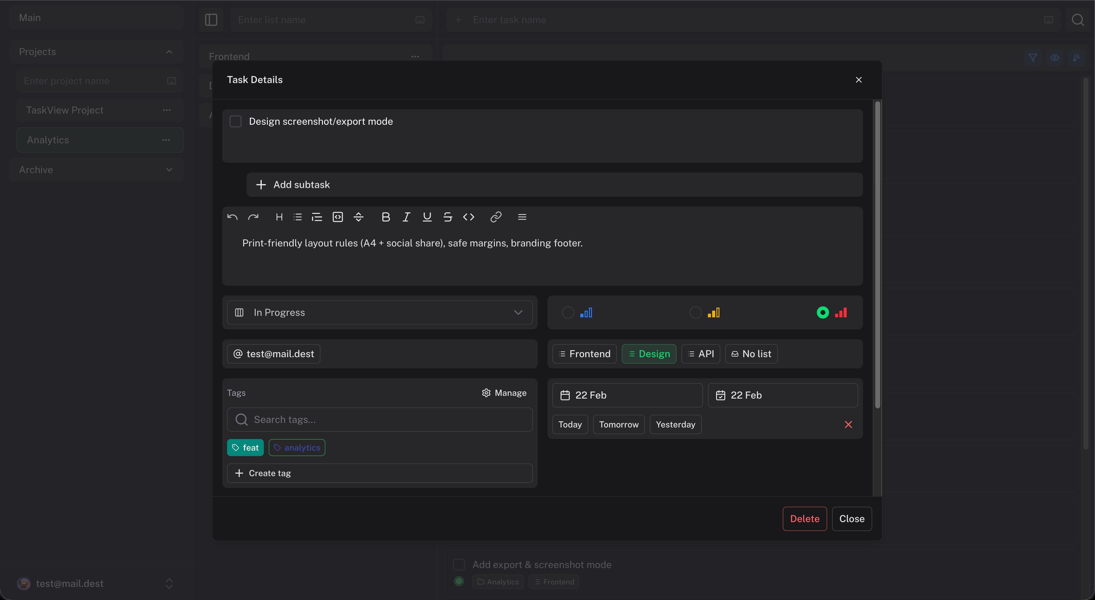 TaskView task detail panel showing priority, deadline, notes editor, assignees, tags, and status