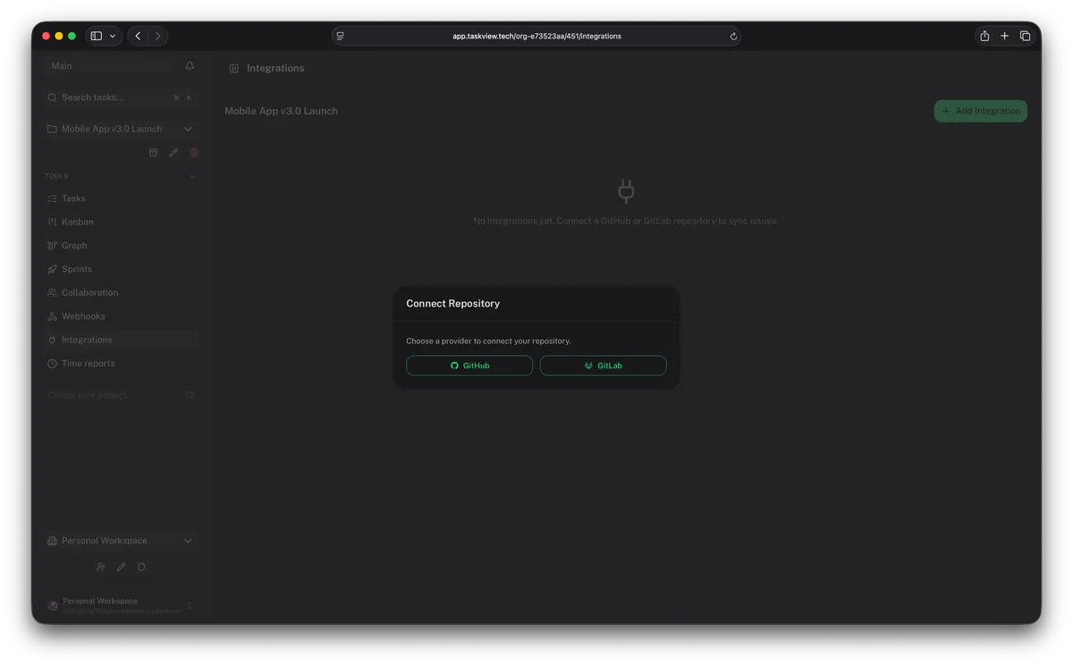 Connecting a repository to a TaskView project from the Integrations screen