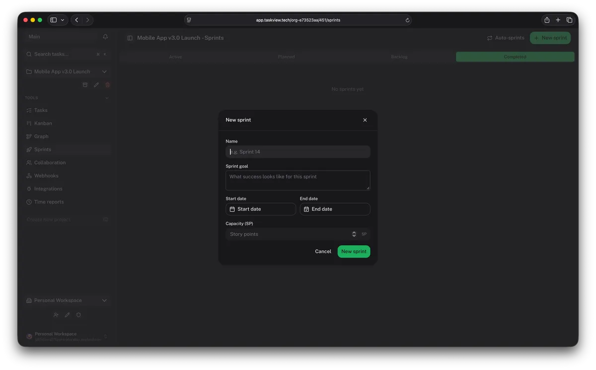 Creating a sprint in TaskView with a name, sprint goal, dates and story-point capacity