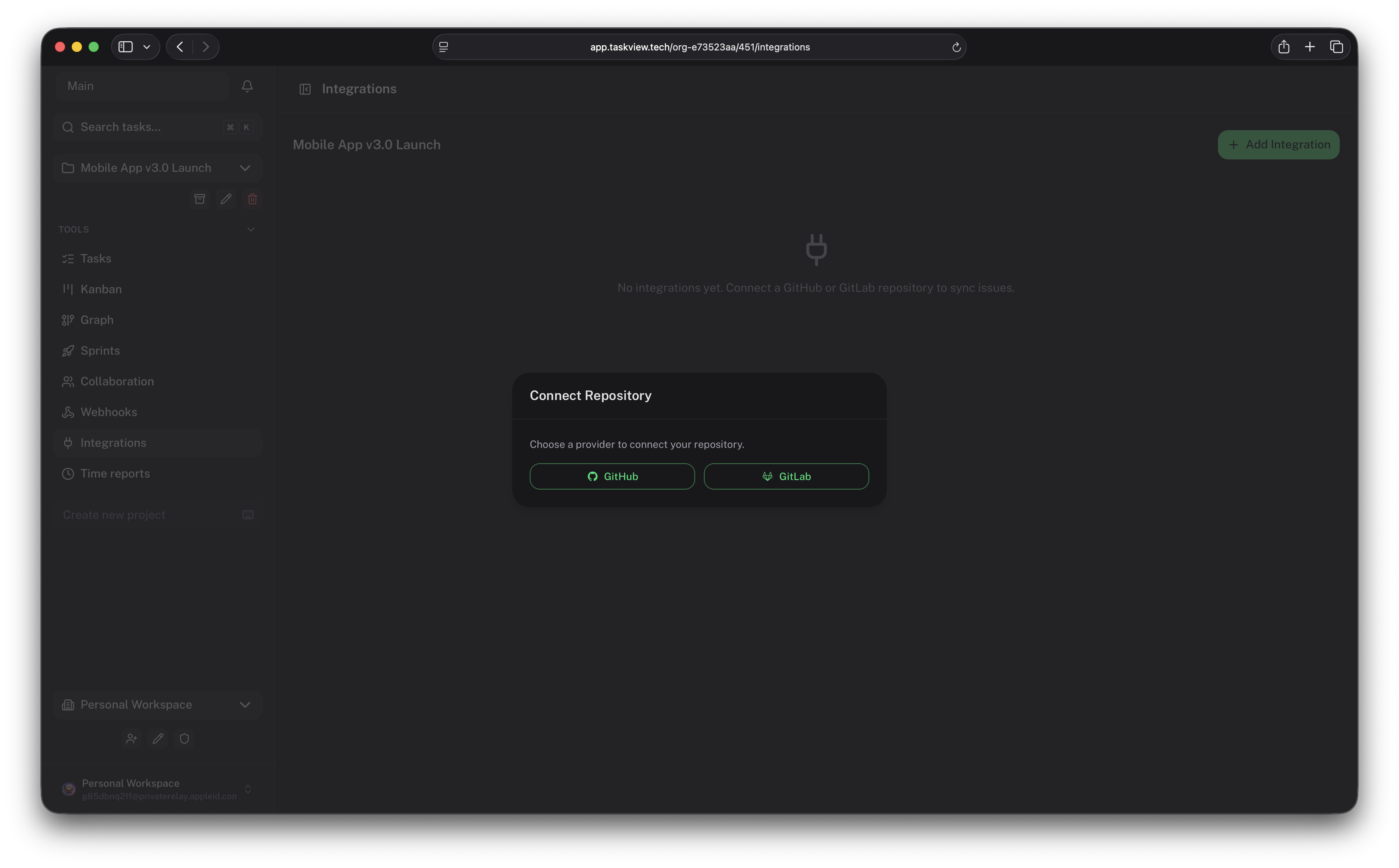 GitHub and GitLab integrations, team members, analytics dashboard, and time tracking in TaskView