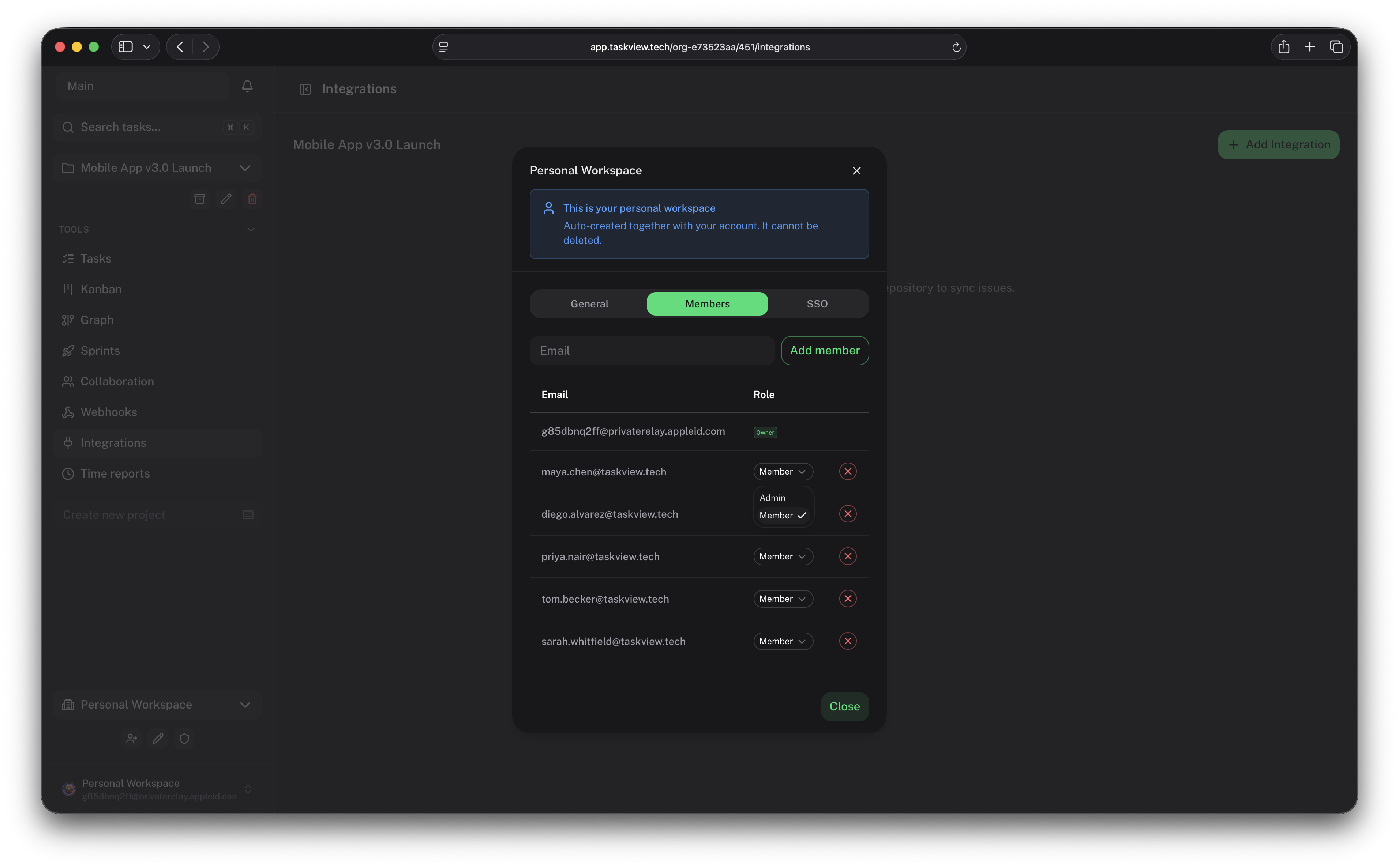 GitHub and GitLab integrations, team members, analytics dashboard, and time tracking in TaskView